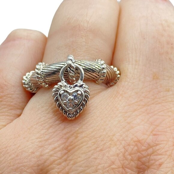 Judith Ripka Sterling Silver 925 Dangling Heart Diamonique Ring Size 7 Designer - Picture 2 of 12